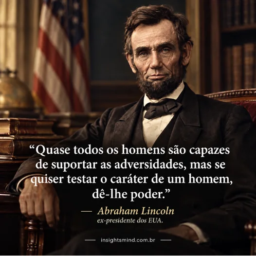 Imagem com a frase “Quase todos os homens são capazes de suportar as adversidades, mas se quiser testar o caráter de um homem, dê-lhe poder.”, de Abraham Lincoln