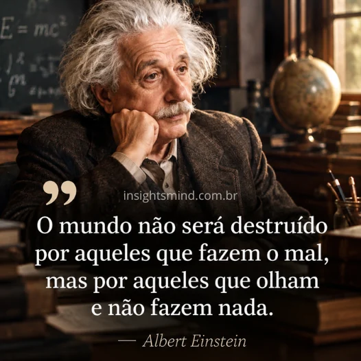 Imagem com a frase “O mundo não será destruído por aqueles que fazem o mal, mas por aqueles que olham e não fazem nada.”, de Albert Einstein