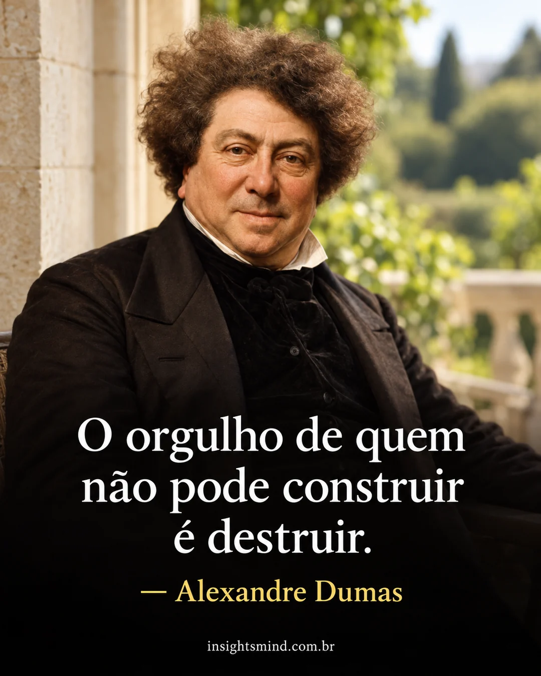 Imagem com a frase “O orgulho de quem não pode construir é destruir.”, de Alexandre Dumas. Retrato ilustrativo criado com ajuda de IA.