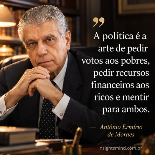 Imagem com a frase “A política é a arte de pedir votos aos pobres, pedir recursos financeiros aos ricos e mentir para ambos.”, de Antônio Ermírio de Moraes