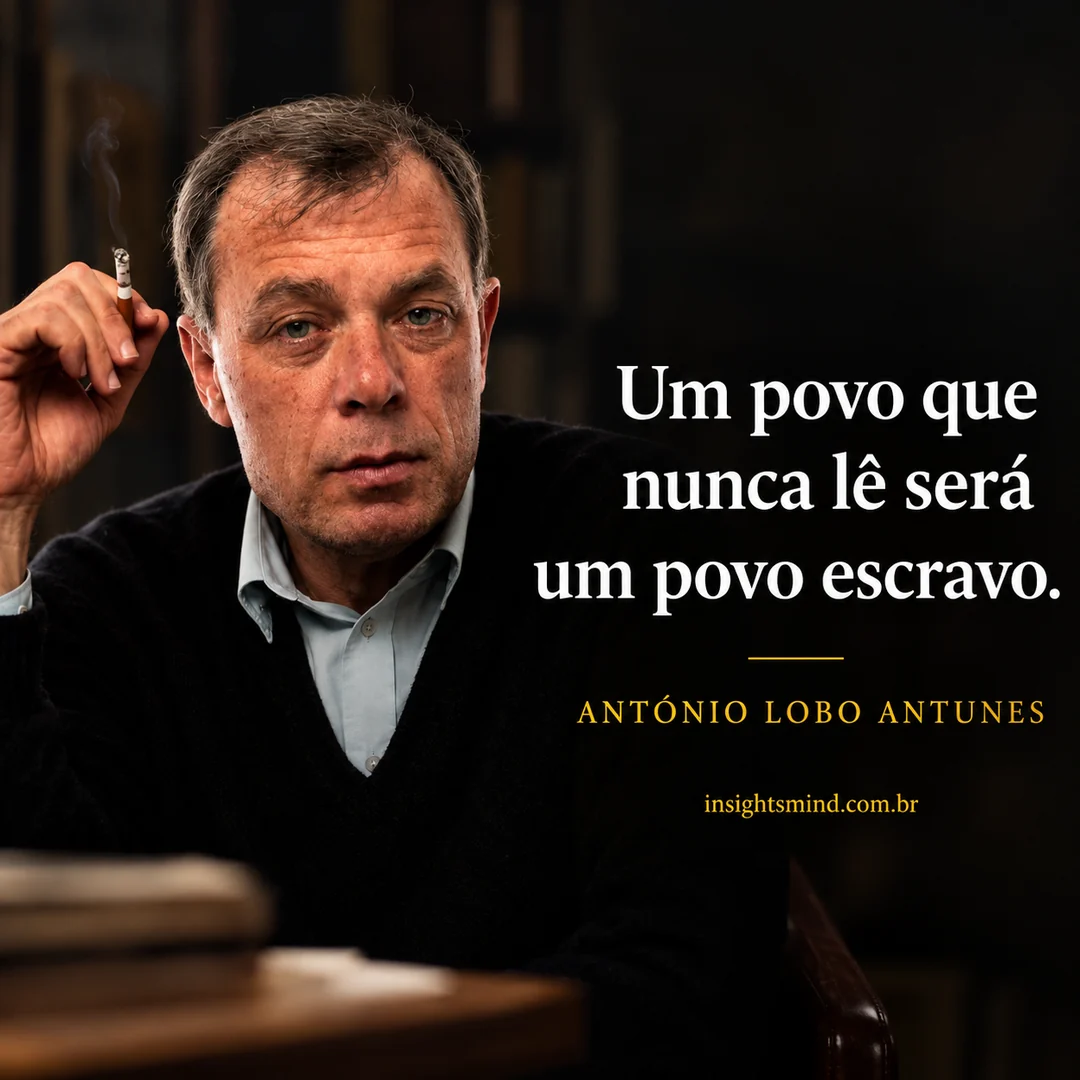 Imagem com a frase “Um povo que nunca lê será um povo escravo.”, de António Lobo Antunes