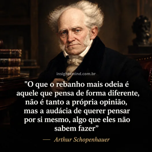 Imagem com a frase “O que o rebanho mais odeia é aquele que pensa de forma diferente, não é tanto a própria opinião, mas a audácia de querer pensar por si mesmo, algo que eles não sabem fazer.”, de Arthur Schopenhauer