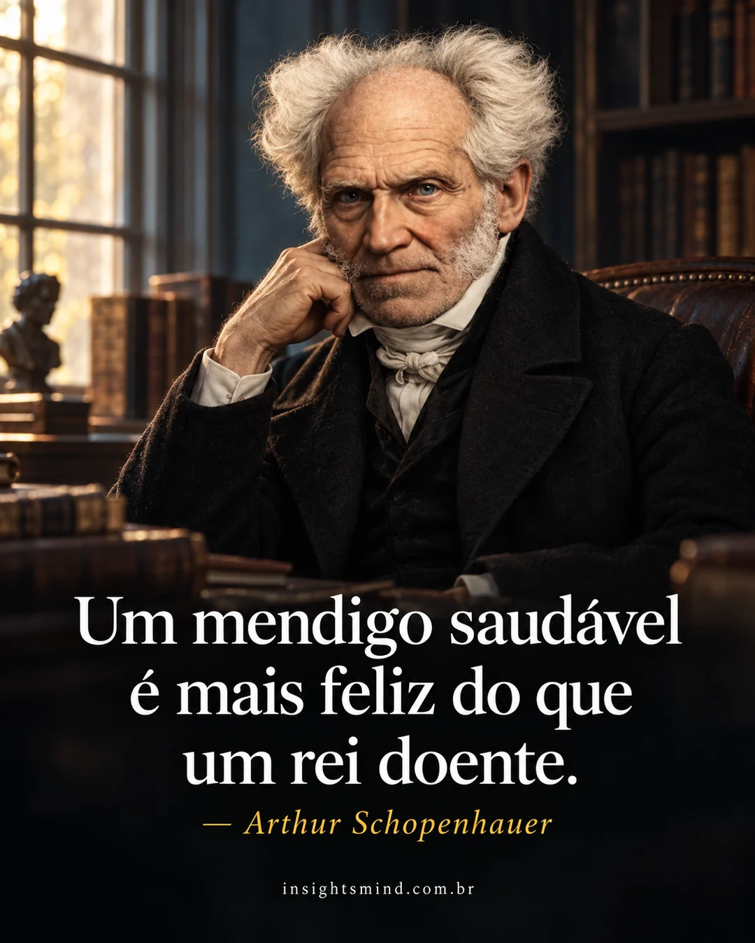 Imagem com a frase “Um mendigo saudável é mais feliz do que um rei doente.”, de Arthur Schopenhauer