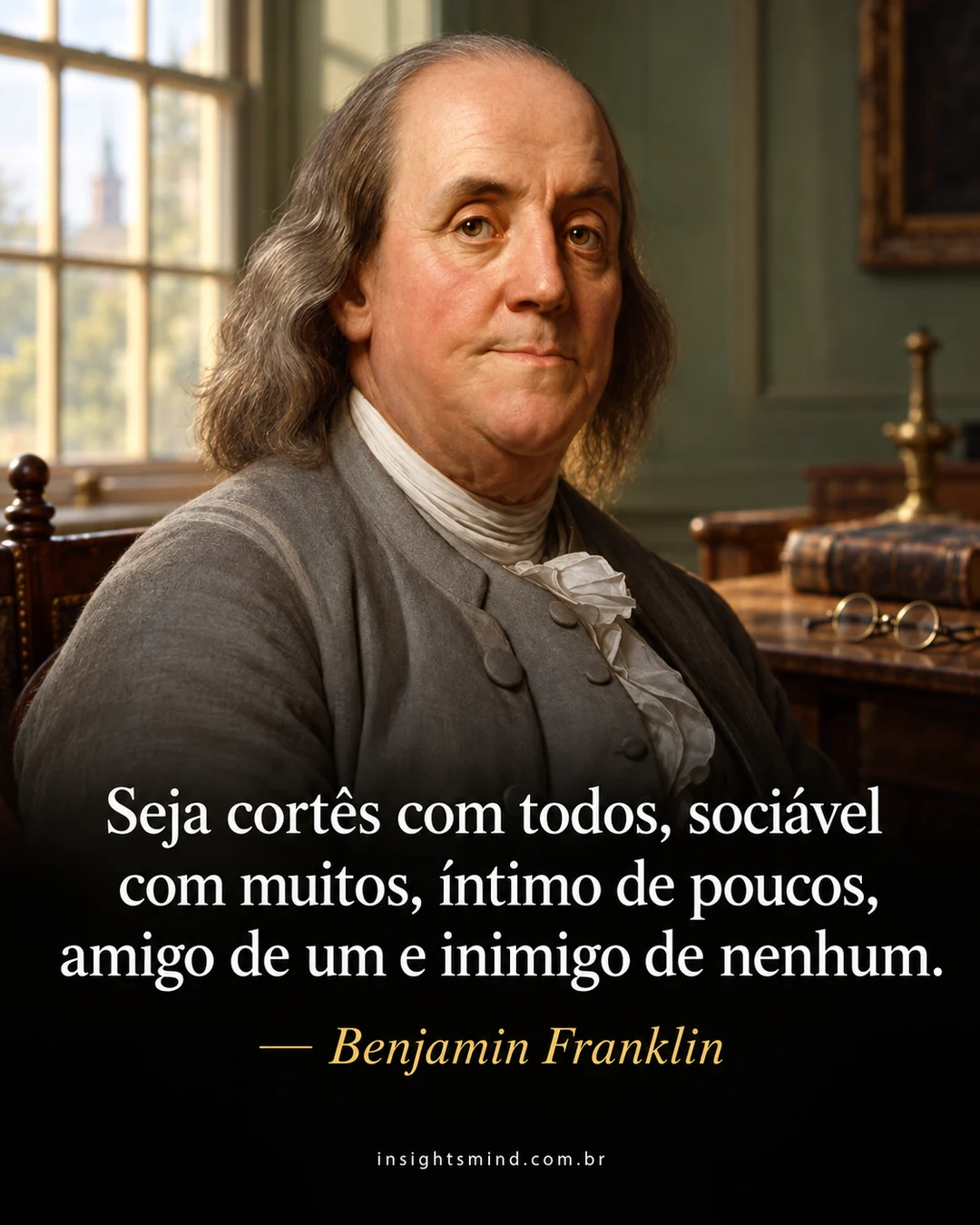 Imagem com a frase “Seja cortês com todos, sociável com muitos, íntimo de poucos, amigo de um e inimigo de nenhum.”, de Benjamin Franklin. Retrato ilustrativo criado com ajuda de IA.