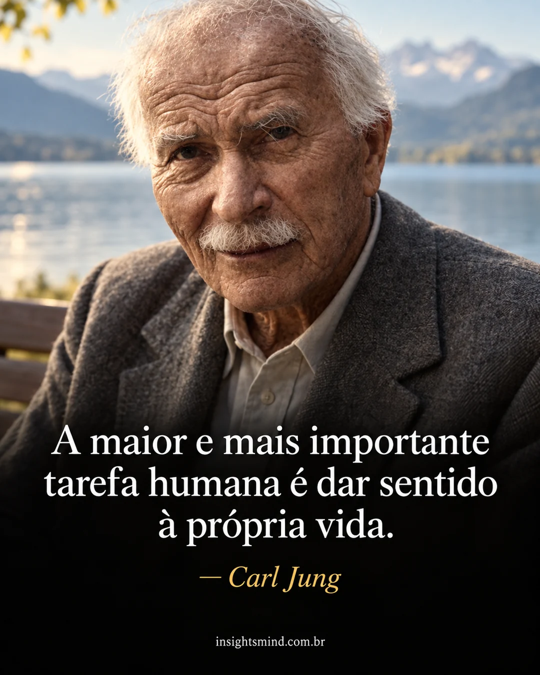 Imagem com a frase “A maior e mais importante tarefa humana é dar sentido à própria vida.”, de Carl Jung. Retrato ilustrativo criado com ajuda de IA.