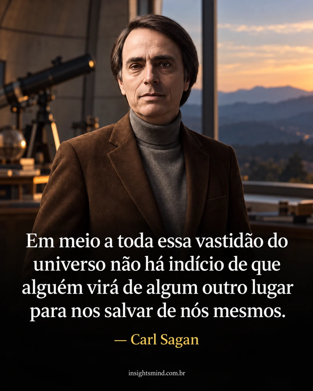 Imagem com a frase “Em meio a toda essa vastidão do universo não há indício de que alguém virá de algum outro lugar para nos salvar de nós mesmos.”, de Carl Sagan. Retrato ilustrativo criado com ajuda de IA.