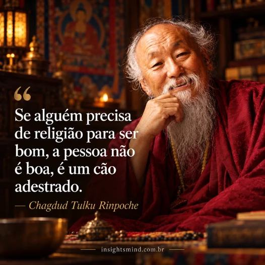 Imagem com a frase “Se alguém precisa de religião para ser bom, a pessoa não é boa, é um cão adestrado.”, de Chagdud Tulku Rinpoche