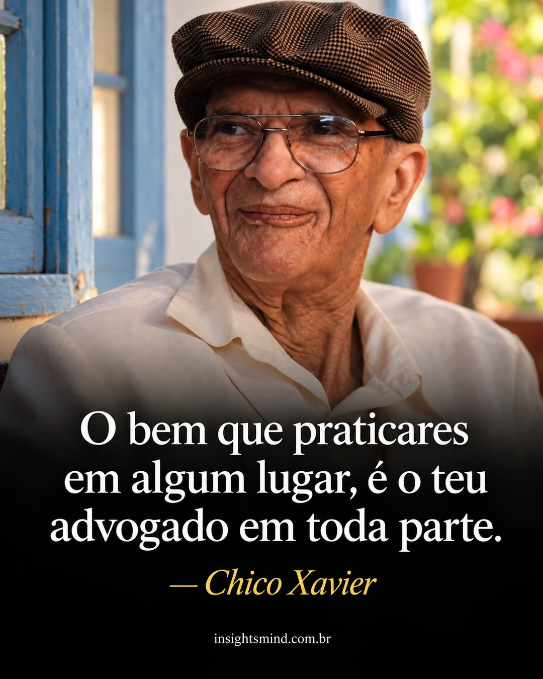 Imagem com a frase “O bem que praticares em algum lugar, é o teu advogado em toda parte.”, de Chico Xavier. Retrato ilustrativo criado com ajuda de IA.
