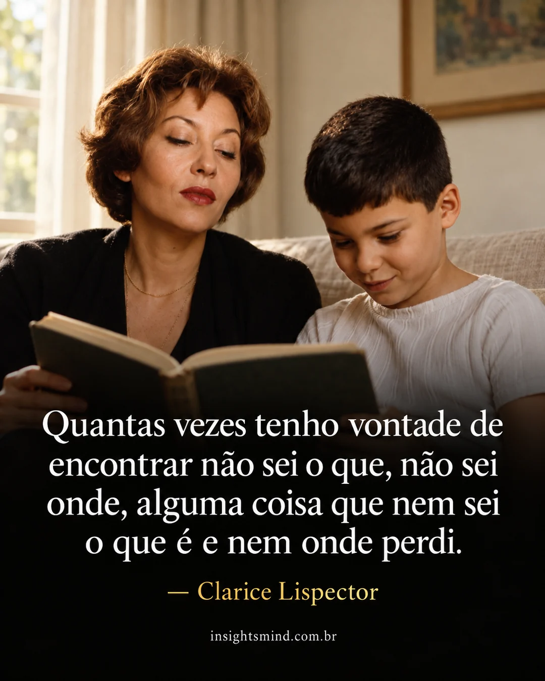 Imagem com a frase “Quantas vezes tenho vontade de encontrar não sei o que, não sei onde, alguma coisa que nem sei o que é e nem onde perdi.”, de Clarice Lispector. Retrato ilustrativo criado com ajuda de IA.