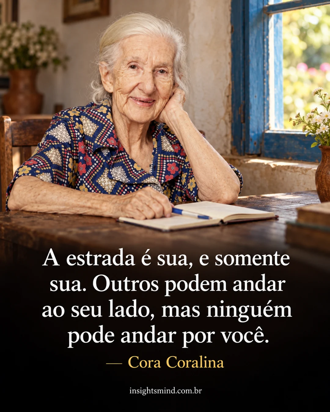 Imagem com a frase “A estrada é sua, e somente sua. Outros podem andar ao seu lado, mas ninguém pode andar por você.”, de Cora Coralina. Retrato ilustrativo criado com ajuda de IA.