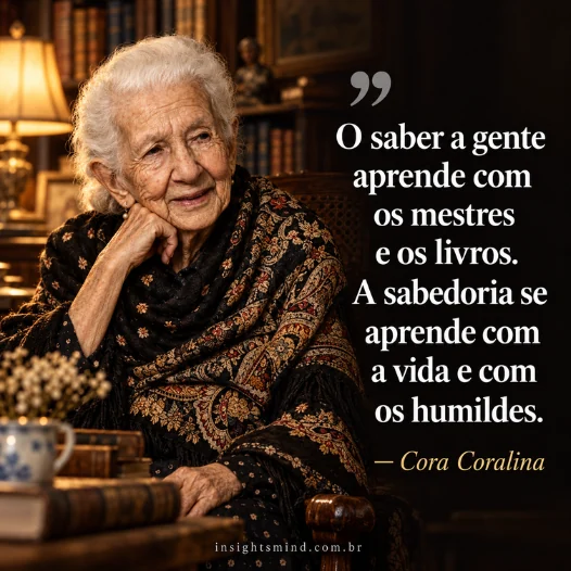 Imagem com a frase “O saber a gente aprende com os mestres e os livros. A sabedoria se aprende com a vida e com os humildes.”, de Cora Coralina