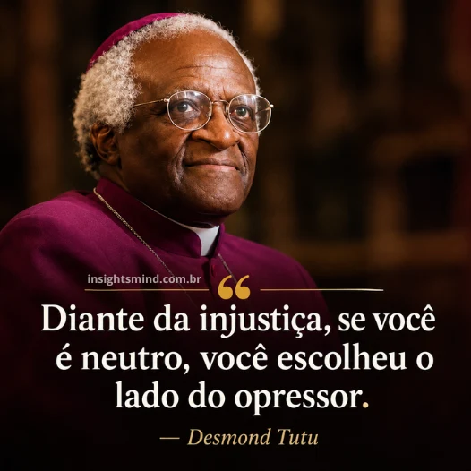 Imagem com a frase “Diante da injustiça, se você é neutro, você escolheu o lado do opressor.”, de Desmond Tutu