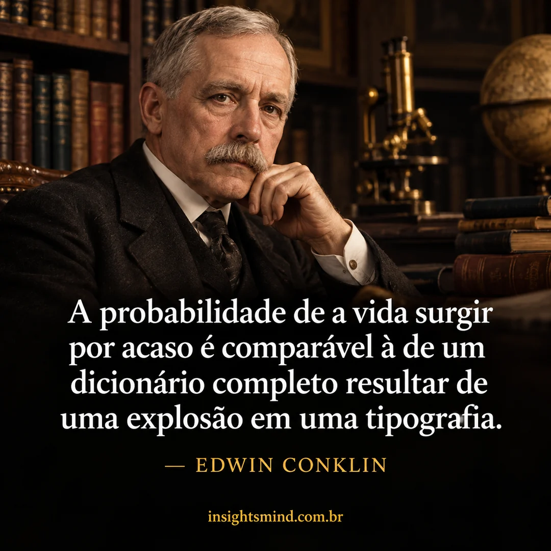 Imagem com a frase “A probabilidade de a vida surgir por acaso é comparável à de um dicionário completo resultar de uma explosão em uma tipografia.”, de Edwin Conklin