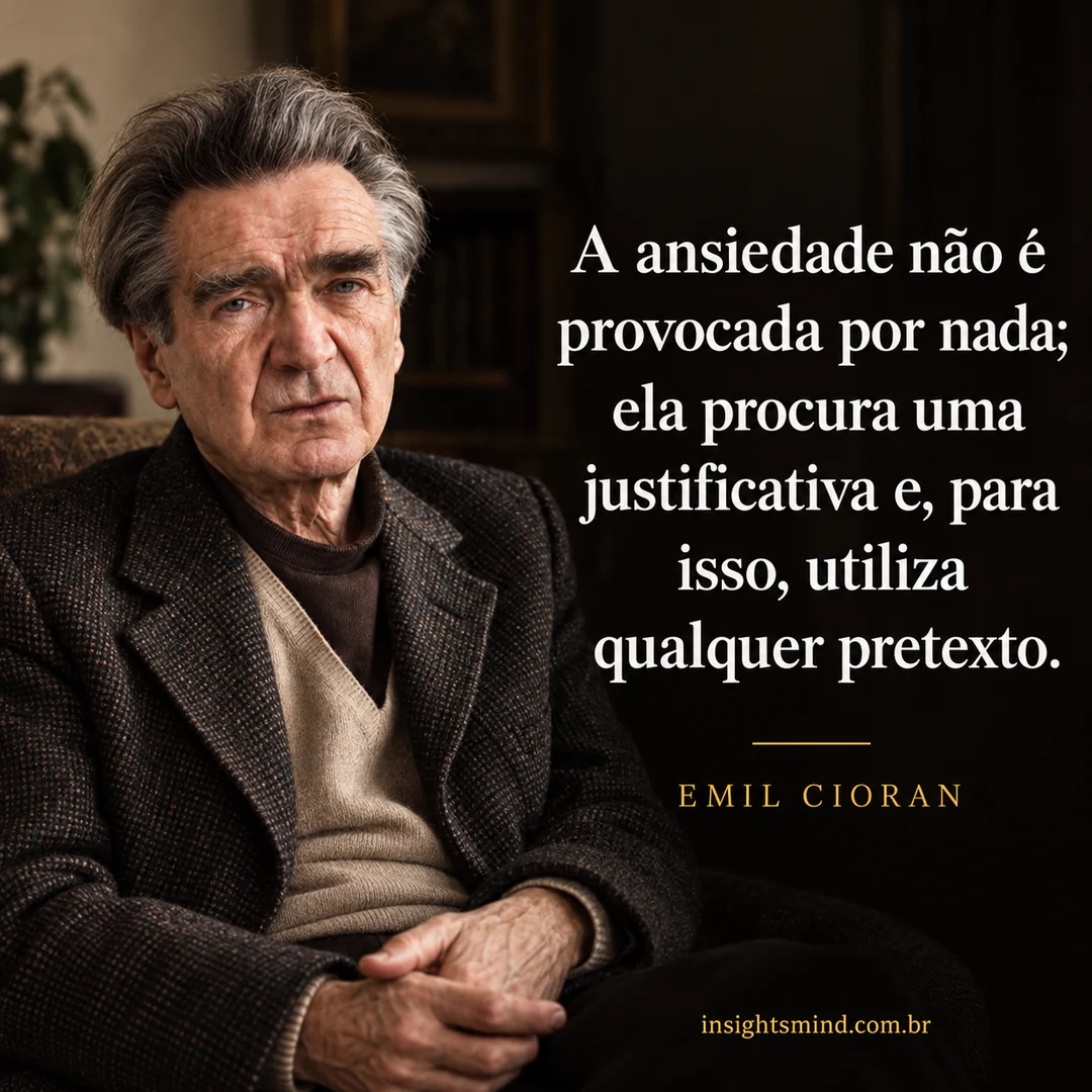 Imagem com a frase “A ansiedade não é provocada por nada; ela procura uma justificativa e, para isso, utiliza qualquer pretexto.”, de Emil Cioran