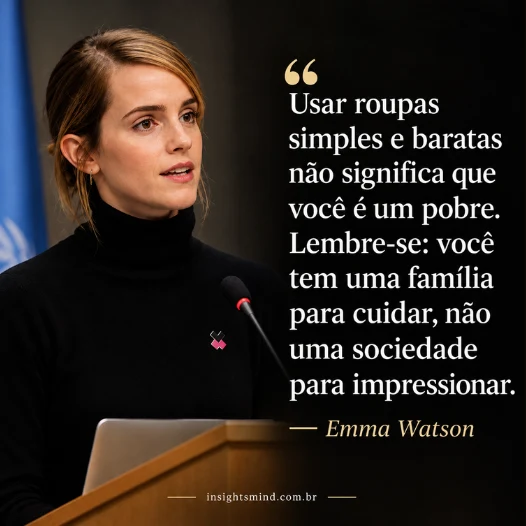 Imagem com a frase “Usar roupas simples e baratas não significa que você é um pobre. Lembre-se: você tem uma família para cuidar, não uma sociedade para impressionar.”, de Emma Watson