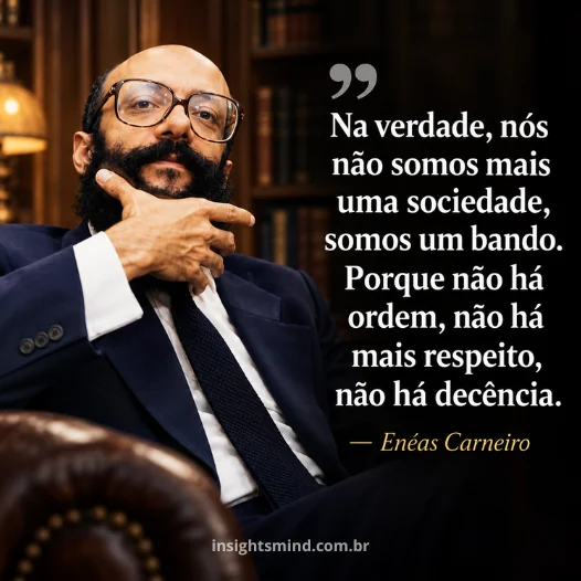 Imagem com a frase “Na verdade, nós não somos mais uma sociedade, somos um bando. Porque não há ordem, não há mais respeito, não há decência.”, de Enéas Carneiro