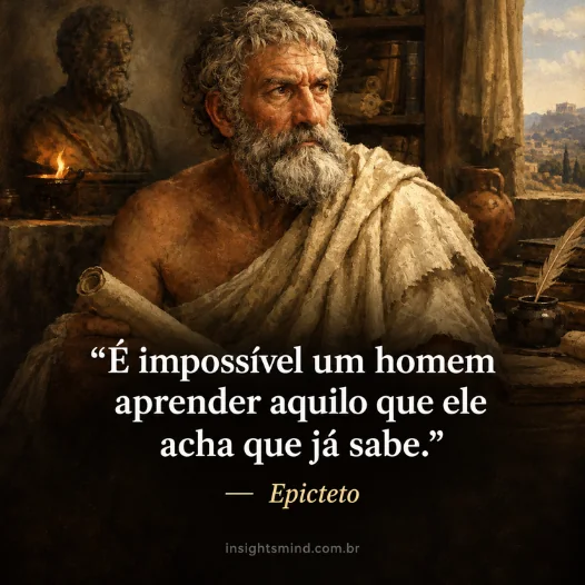 Imagem com a frase “É impossível um homem aprender aquilo que ele acha que já sabe.”, de Epicteto