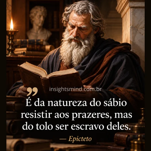 Imagem com a frase “É da natureza do sábio resistir aos prazeres, mas do tolo ser escravo deles.”, de Epicteto