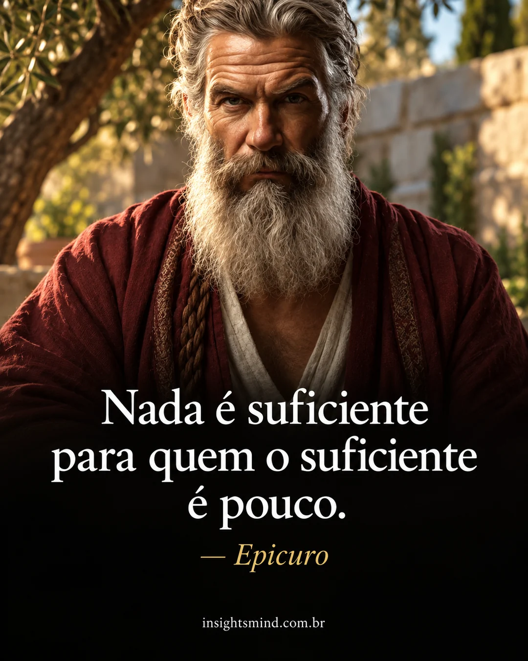 Imagem com a frase “Nada é suficiente para quem o suficiente é pouco.”, de Epicuro. Retrato ilustrativo criado com ajuda de IA.