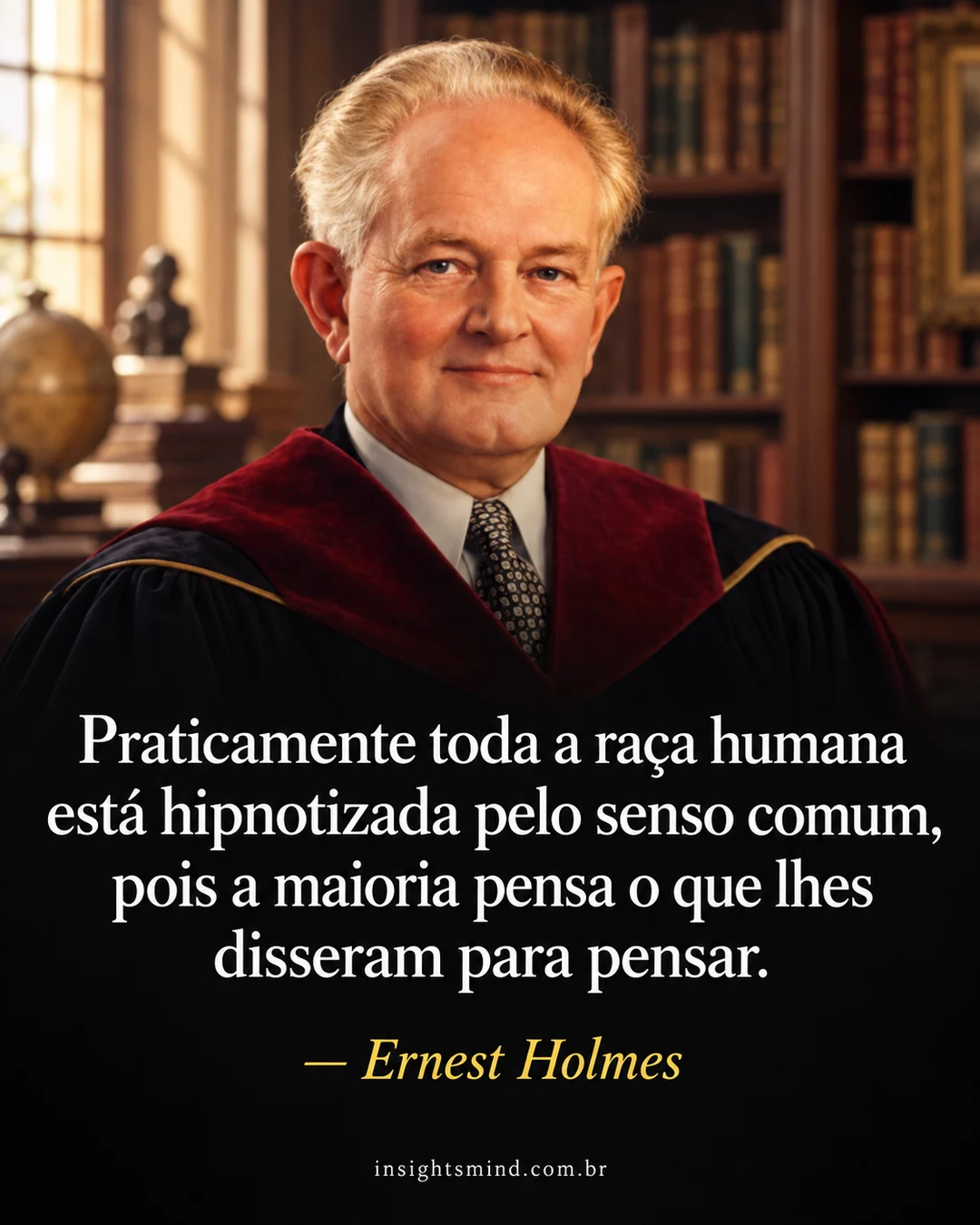 Imagem com a frase “Praticamente toda a raça humana está hipnotizada pelo senso comum, pois a maioria pensa o que lhes disseram para pensar.”, de Ernest Holmes. Retrato ilustrativo criado com ajuda de IA.