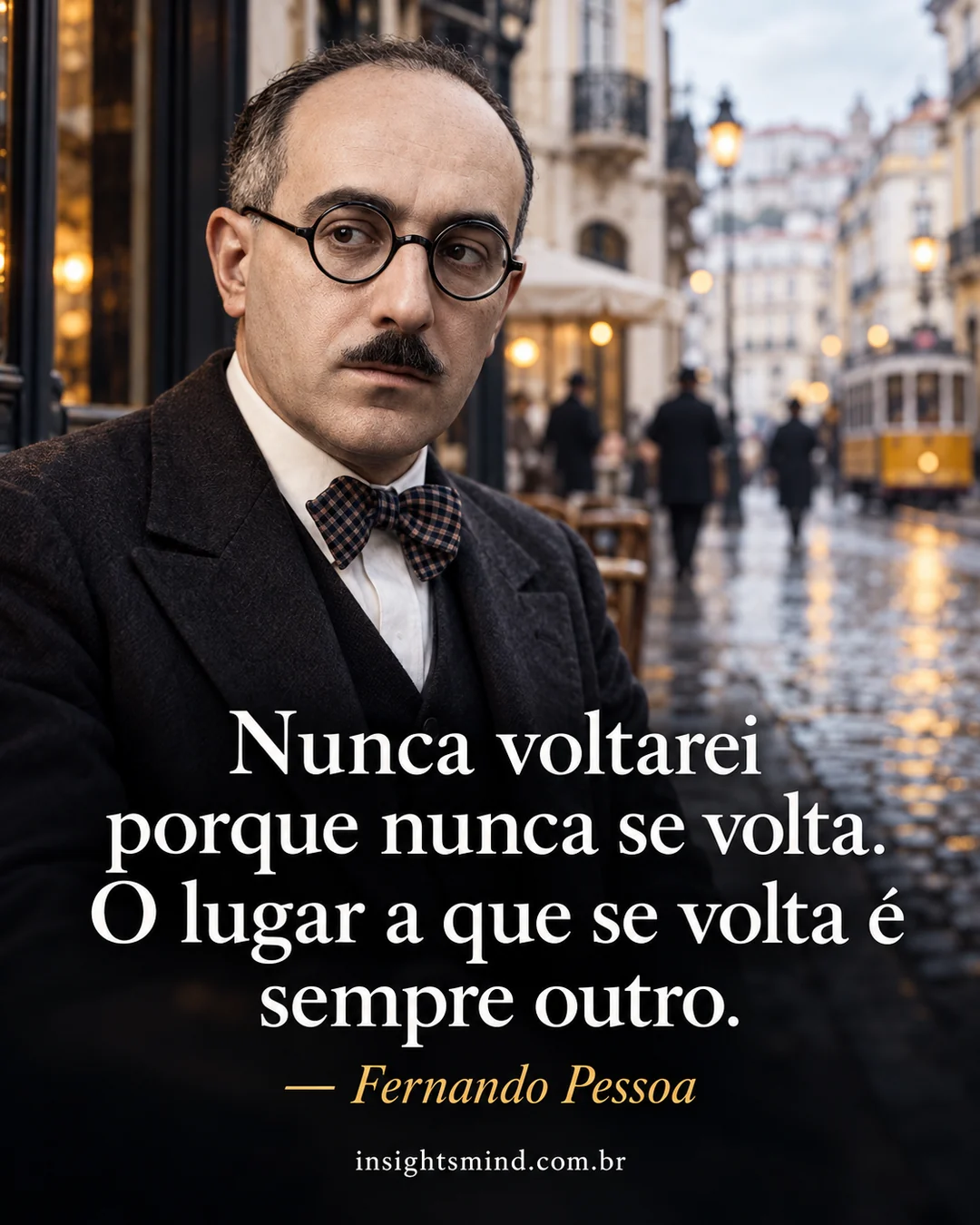 Imagem com a frase “Nunca voltarei porque nunca se volta. O lugar a que se volta é sempre outro.”, de Fernando Pessoa