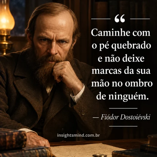 Imagem com a frase “Caminhe com o pé quebrado e não deixe marcas da sua mão no ombro de ninguém.”, de Fiódor Dostoiévski