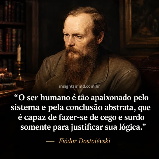 Imagem com a frase “O ser humano é tão apaixonado pelo sistema e pela conclusão abstrata, que é capaz de fazer-se de cego e surdo somente para justificar sua lógica.”, de Fiódor Dostoiévski