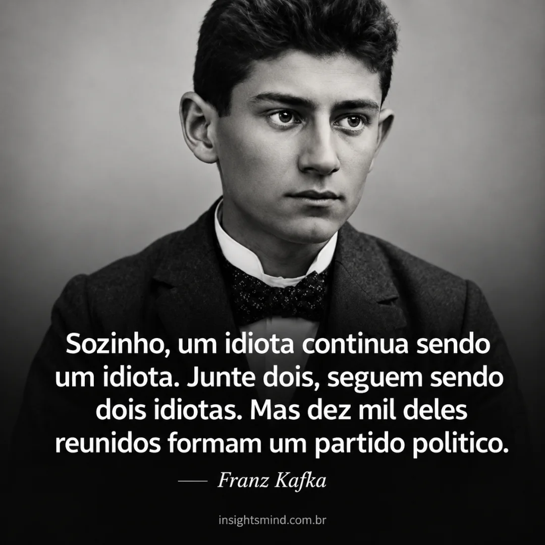 Imagem com a frase “Sozinho, um idiota continua sendo um idiota. Junte dois, seguem sendo dois idiotas. Mas dez mil deles reunidos formam um partido político.”, de Franz Kafka