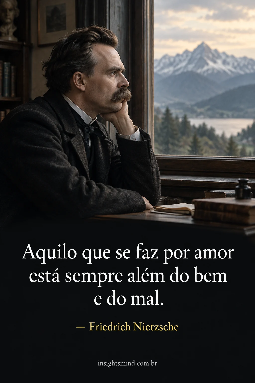 Imagem com a frase “Aquilo que se faz por amor está sempre além do bem e do mal.”, de Friedrich Nietzsche. Retrato ilustrativo criado com ajuda de IA.