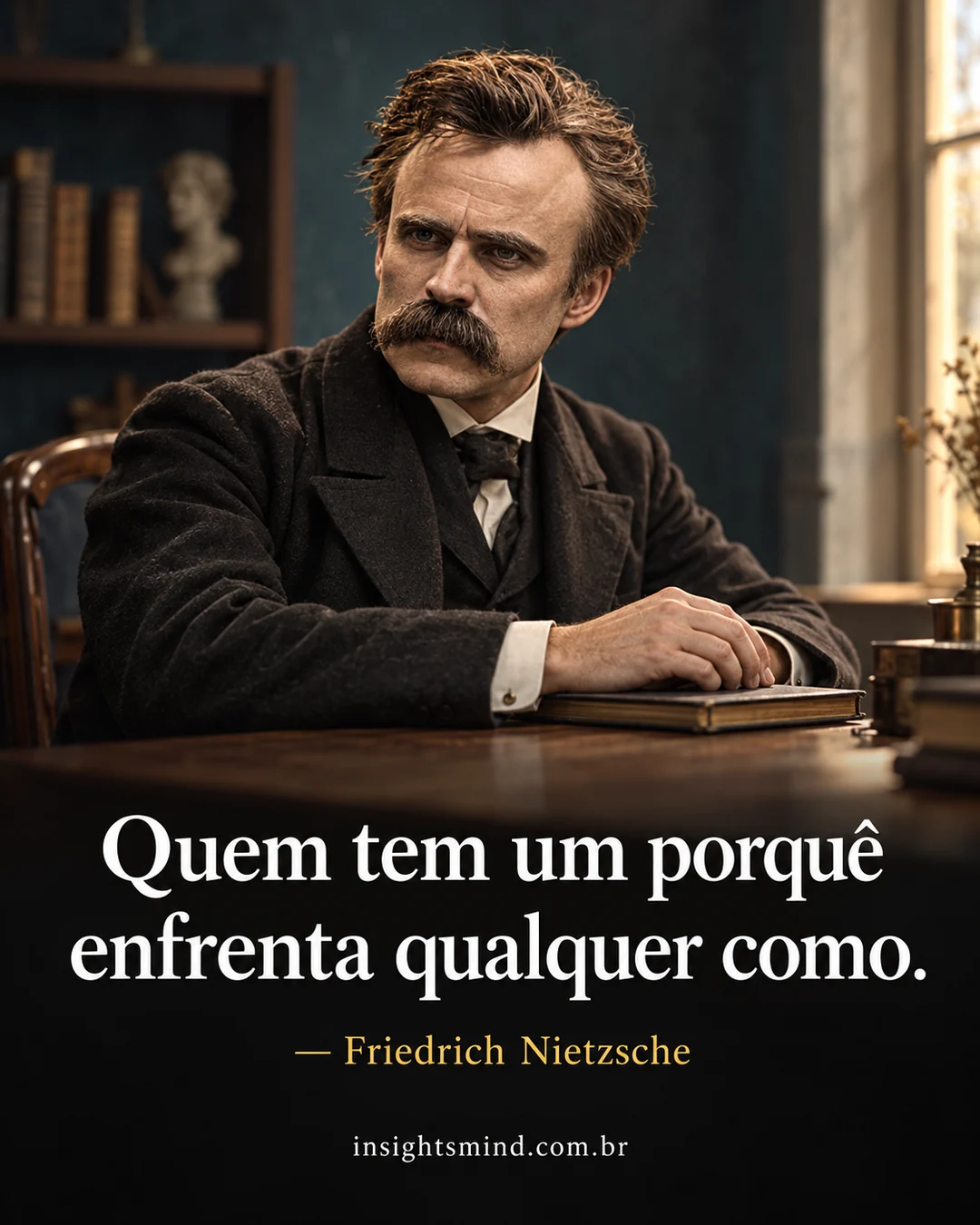 Imagem com a frase “Quem tem um porquê enfrenta qualquer como.”, de Friedrich Nietzsche