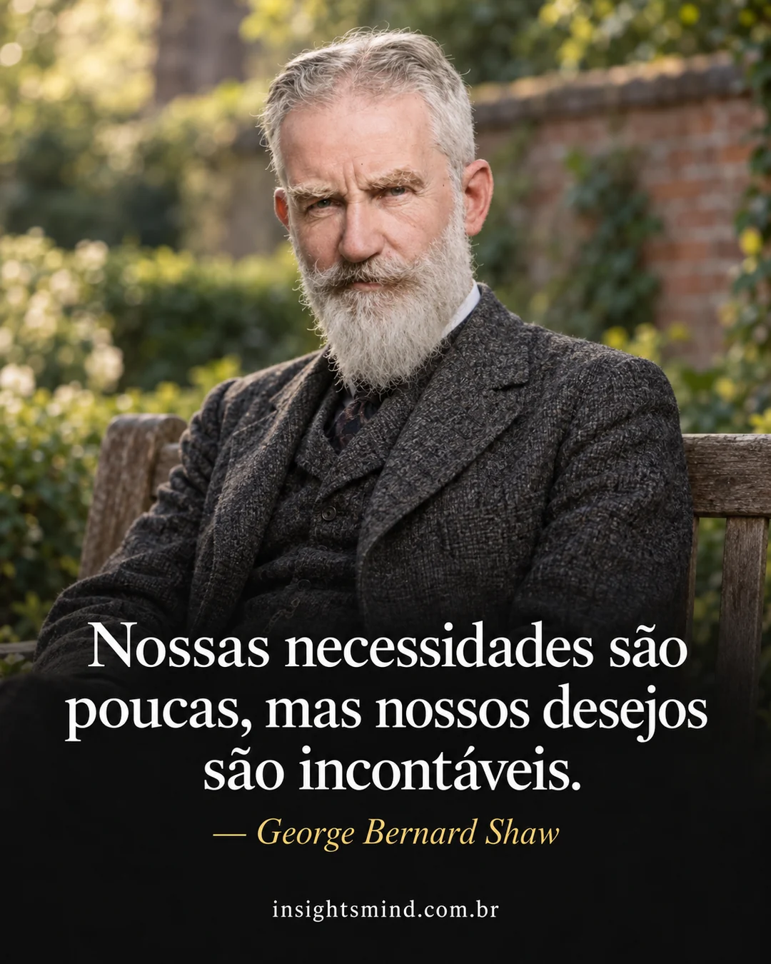 Imagem com a frase “Nossas necessidades são poucas, mas nossos desejos são incontáveis.”, de George Bernard Shaw. Retrato ilustrativo criado com ajuda de IA.