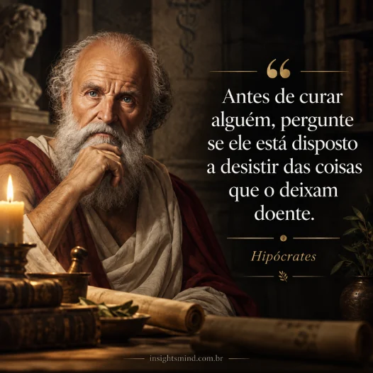 Imagem com a frase “Antes de curar alguém, pergunte se ele está disposto a desistir das coisas que o deixam doente.”, de Hipócrates