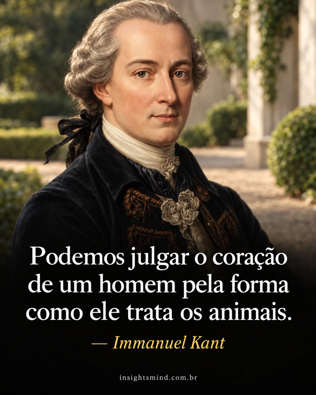 Imagem com a frase “Podemos julgar o coração de um homem pela forma como ele trata os animais.”, de Immanuel Kant. Retrato ilustrativo criado com ajuda de IA.