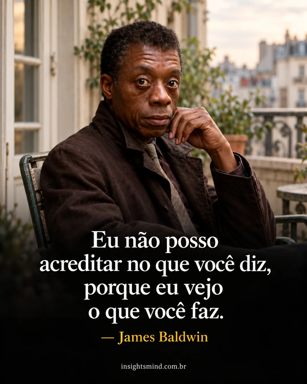 Imagem com a frase “Eu não posso acreditar no que você diz, porque eu vejo o que você faz.”, de James Baldwin. Retrato ilustrativo criado com ajuda de IA.