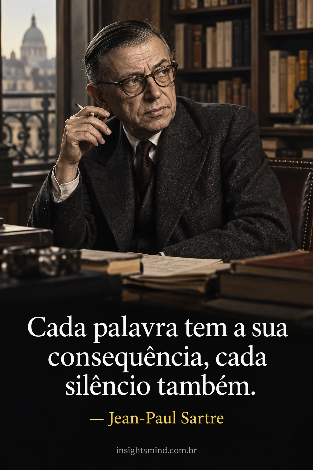 Imagem com a frase “Cada palavra tem a sua consequência, cada silêncio também.”, de Jean-Paul Sartre