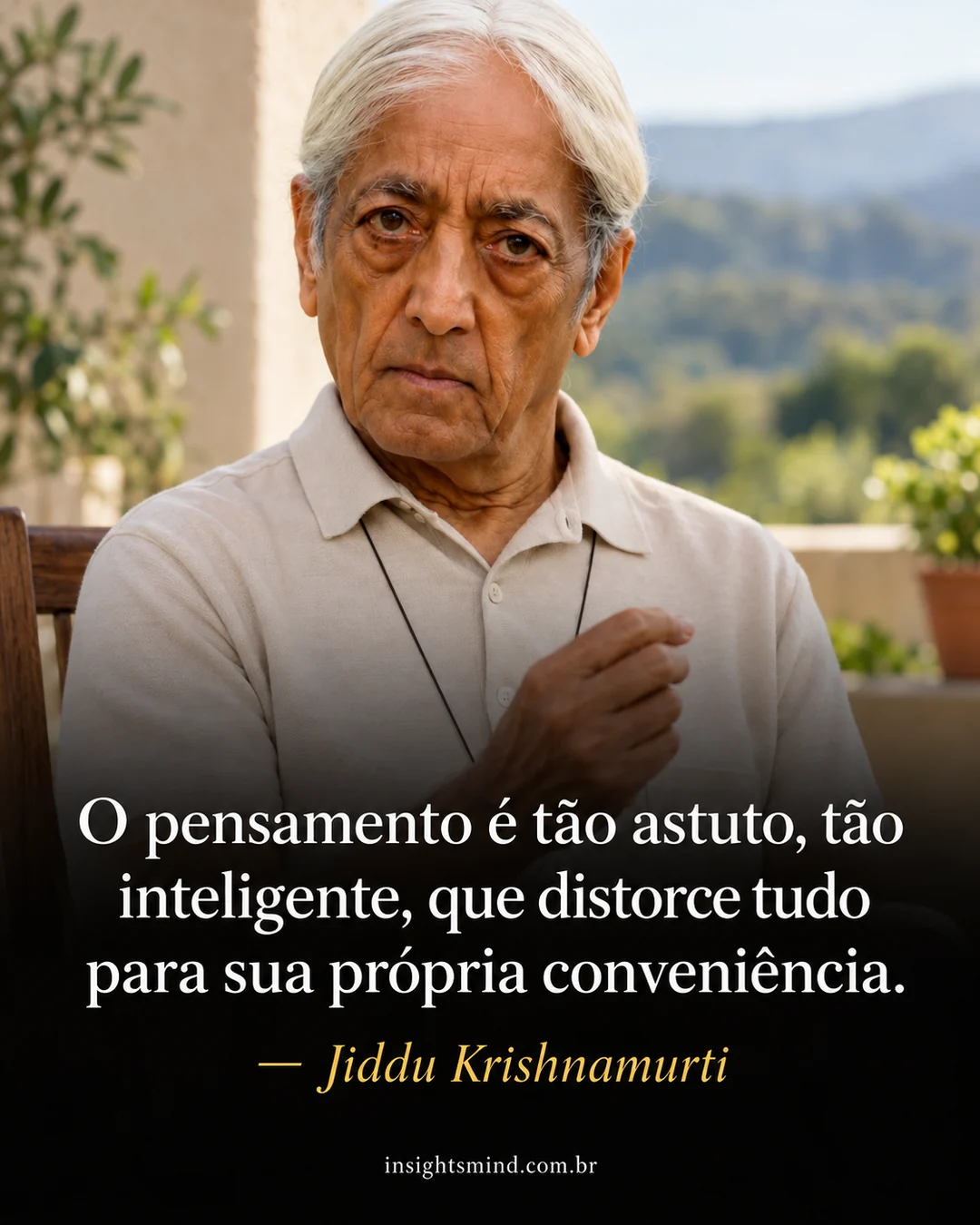 Imagem com a frase “O pensamento é tão astuto, tão inteligente, que distorce tudo para sua própria conveniência.”, de Jiddu Krishnamurti. Retrato ilustrativo criado com ajuda de IA.