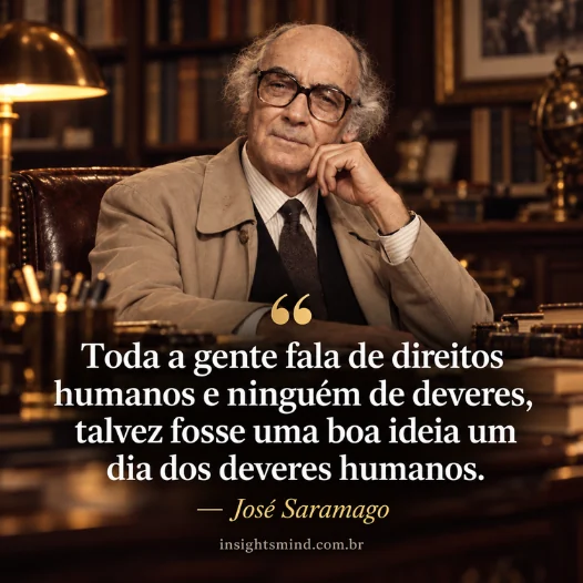 Imagem com a frase “Toda a gente fala de direitos humanos e ninguém de deveres, talvez fosse uma boa ideia um dia dos deveres humanos.”, de José Saramago