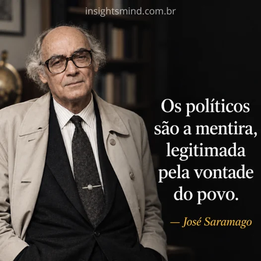 Imagem com a frase “Os políticos são a mentira, legitimada pela vontade do povo.”, de José Saramago