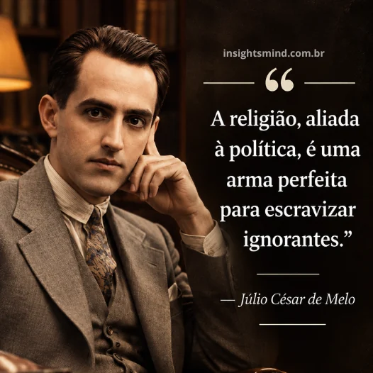 Imagem com a frase “A religião, aliada à política, é uma arma perfeita para escravizar ignorantes.”, de Júlio César de Melo