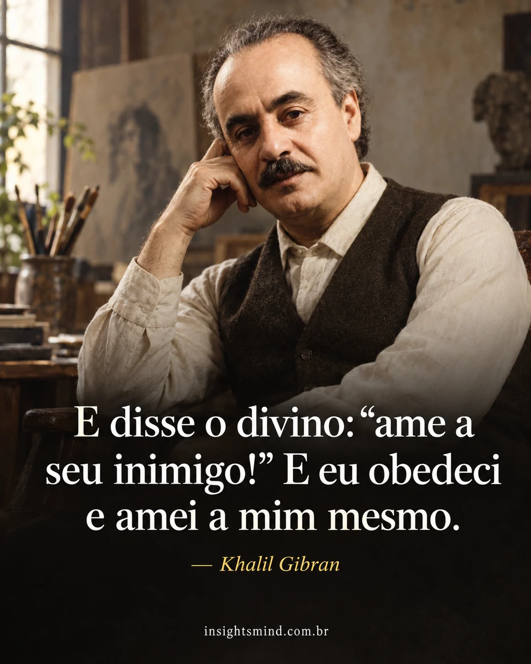 Imagem com a frase “E disse o divino: “ame a seu inimigo!” E eu obedeci e amei a mim mesmo.”, de Khalil Gibran