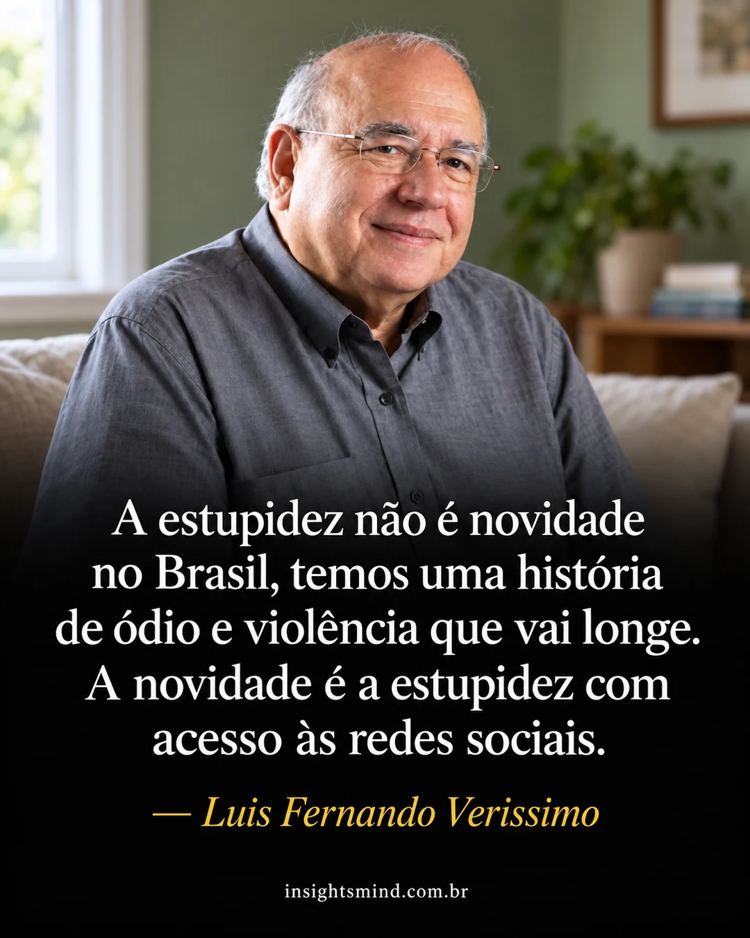 Imagem com a frase “A estupidez não é novidade no Brasil, temos uma história de ódio e violência que vai longe. A novidade é a estupidez com acesso às redes sociais.”, de Luis Fernando Verissimo. Retrato ilustrativo criado com ajuda de IA.