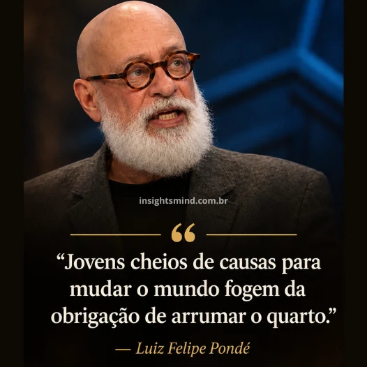 Imagem com a frase “Jovens cheios de causas para mudar o mundo fogem da obrigação de arrumar o quarto.”, de Luiz Felipe Pondé
