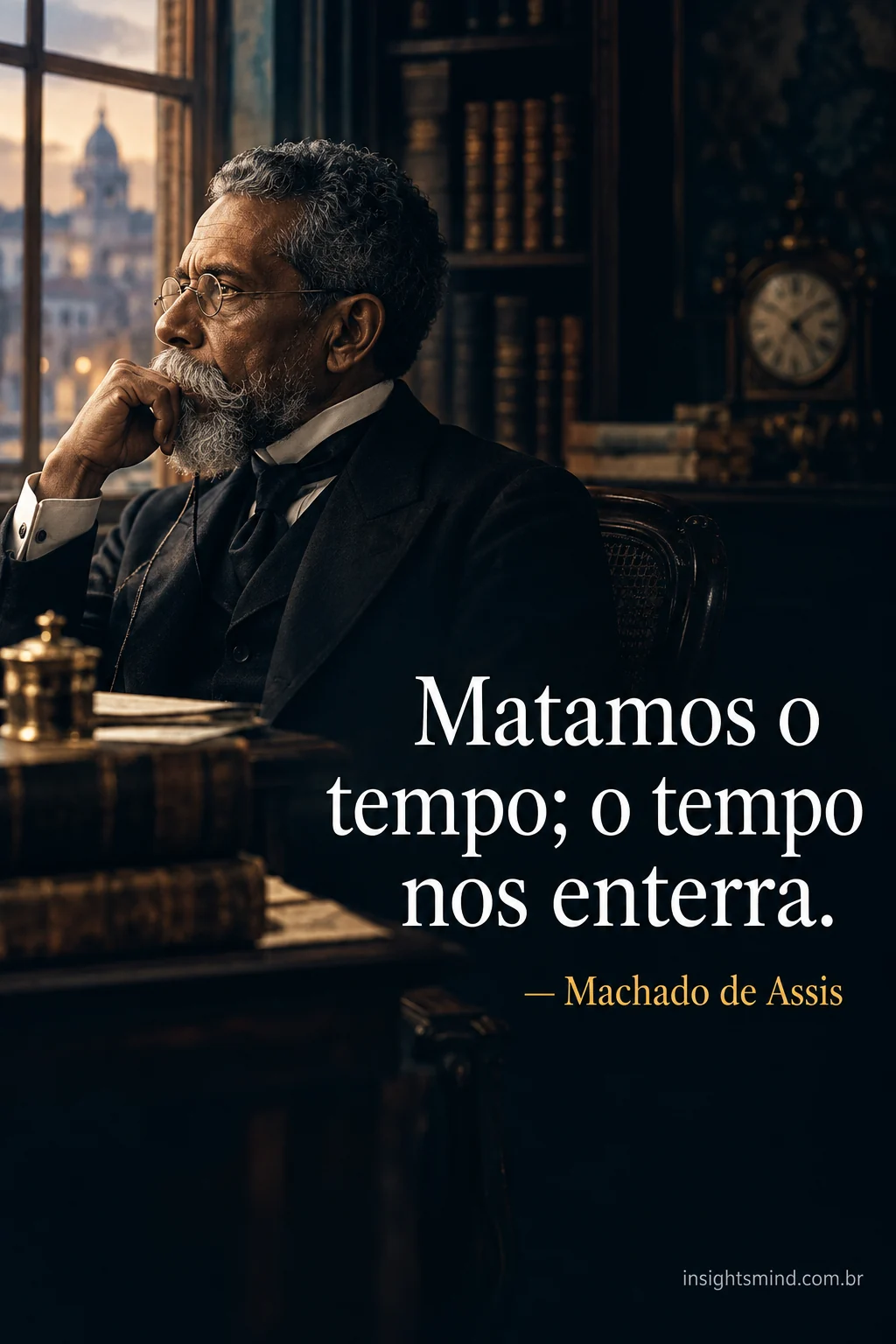 Imagem com a frase “Matamos o tempo; o tempo nos enterra.”, de Machado de Assis