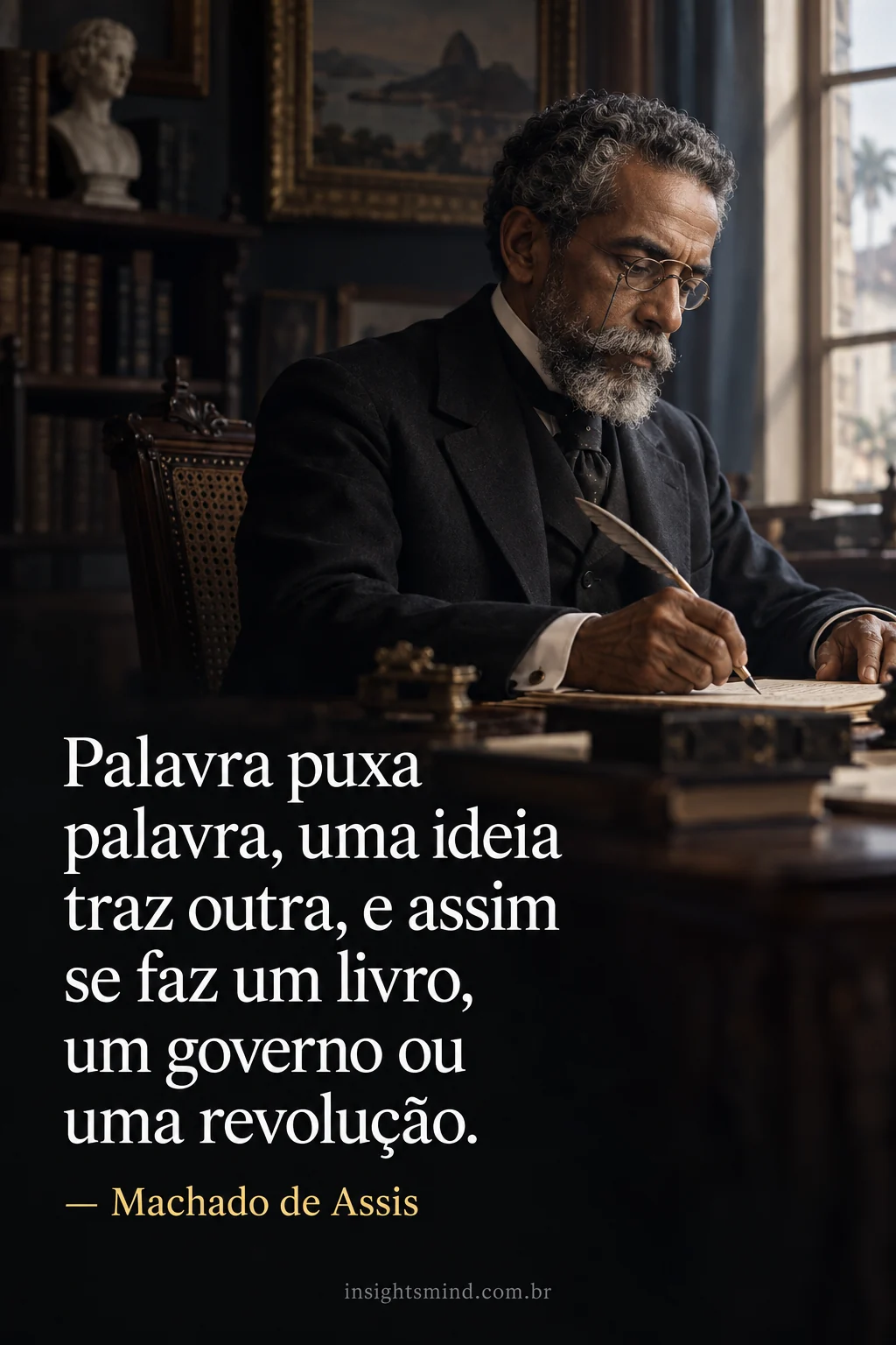Imagem com a frase “Palavra puxa palavra, uma ideia traz outra, e assim se faz um livro, um governo ou uma revolução.”, de Machado de Assis. Retrato ilustrativo criado com ajuda de IA.