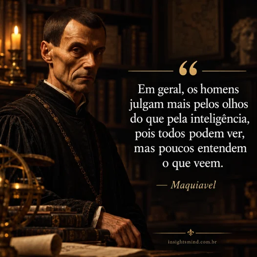 Imagem com a frase “Em geral, os homens julgam mais pelos olhos do que pela inteligência, pois todos podem ver, mas poucos entendem o que veem.”, de Maquiavel