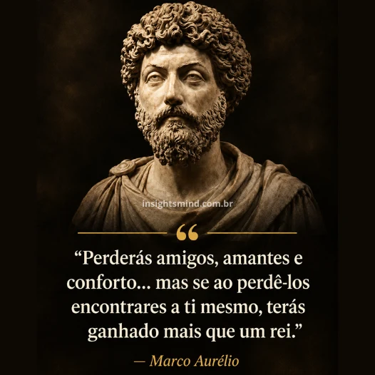 Imagem com a frase “Perderás amigos, amantes e conforto… mas se ao perdê-los encontrares a ti mesmo, terás ganhado mais que um rei.”, de Marco Aurélio