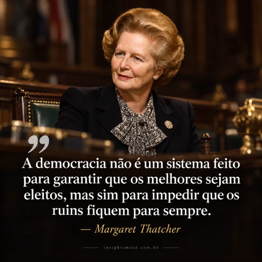 Imagem com a frase “A democracia não é um sistema feito para garantir que os melhores sejam eleitos, mas sim para impedir que os ruins fiquem para sempre.”, de Margaret Thatcher