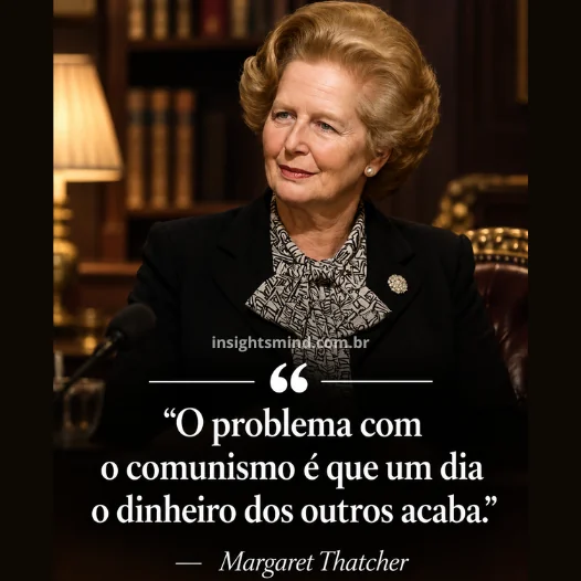 Imagem com a frase “O problema com o comunismo é que um dia o dinheiro dos outros acaba.”, de Margaret Thatcher