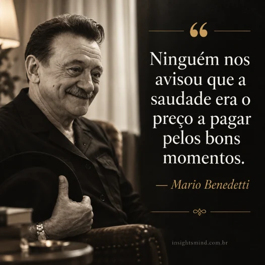 Imagem com a frase “Ninguém nos avisou que a saudade era o preço a pagar pelos bons momentos.”, de Mario Benedetti