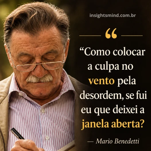 Imagem com a frase “Como colocar a culpa no vento pela desordem, se fui eu que deixei a janela aberta?”, de Mario Benedetti